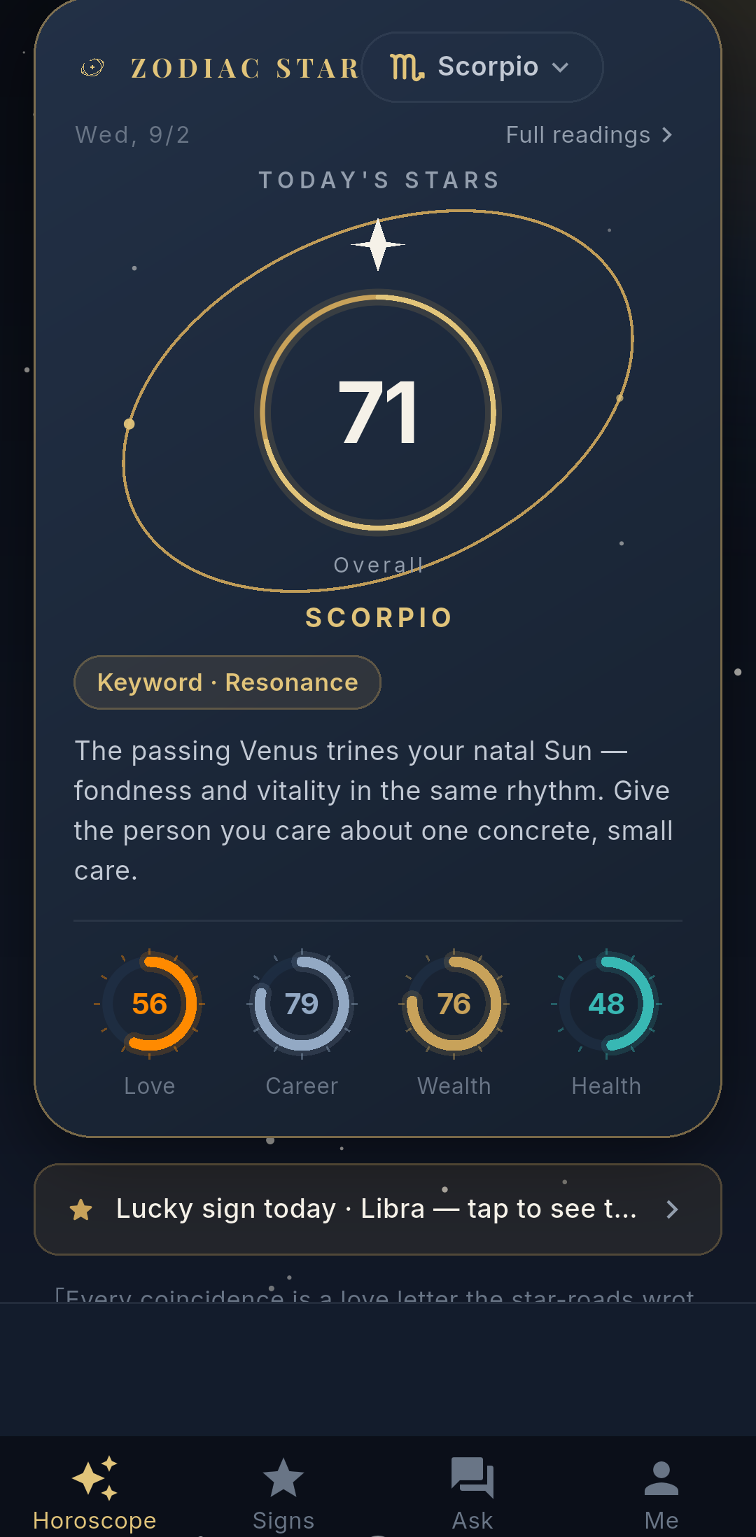 Zodiac Star home screen with daily horoscope and overall score