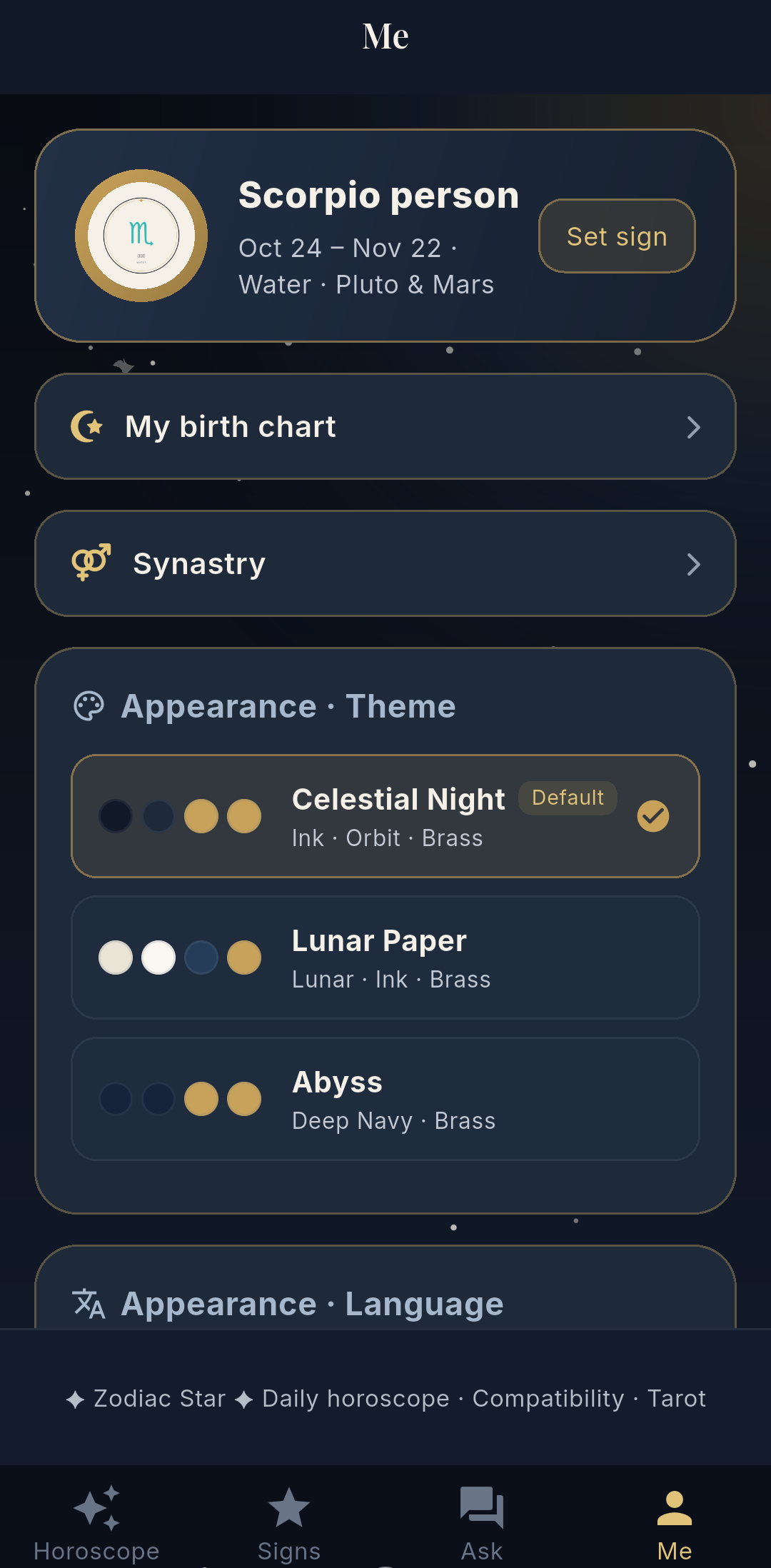 Settings: language, theme, readings and about
